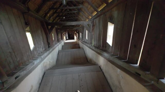Historic covered wooden staircase at Biertan fortified church in Transylvania Romania