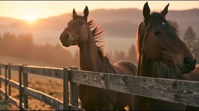 Two horses stand close together by a wooden fence as the sun sets. The sky changes colors, providing a warm glow to the scene.