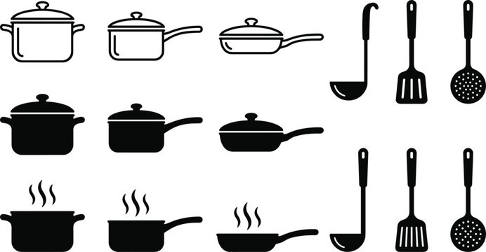 Kitchen cookware silhouette icon vector set featuring cooking pots frying pans soup ladles spatulas and steaming hot dinner symbols