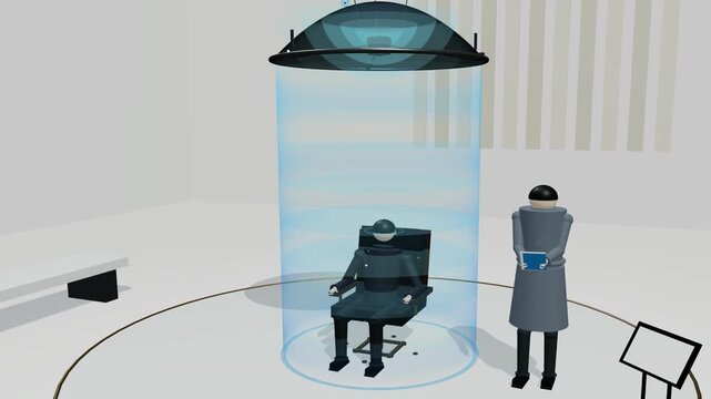 3D animation of a directional audio dome and parabolic reflector demonstrating focused sound waves for immersive listening and acoustic isolation in a quiet museum setting