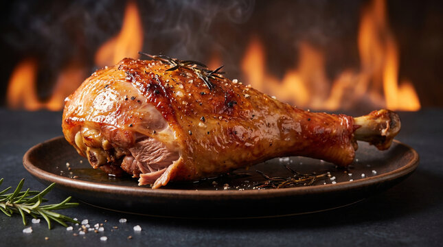 Glazed roasted turkey leg with rosemary and flame background