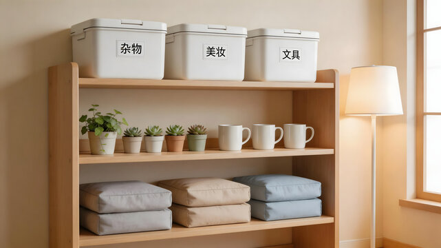Three labeled white storage boxes on wooden shelf with succulents and cushions