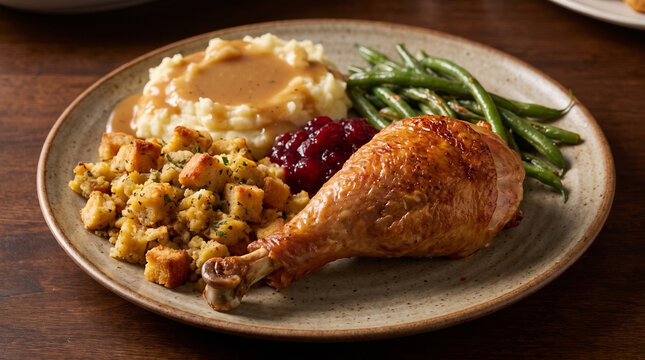 Roasted turkey leg plate with mashed potatoes stuffing and green beans