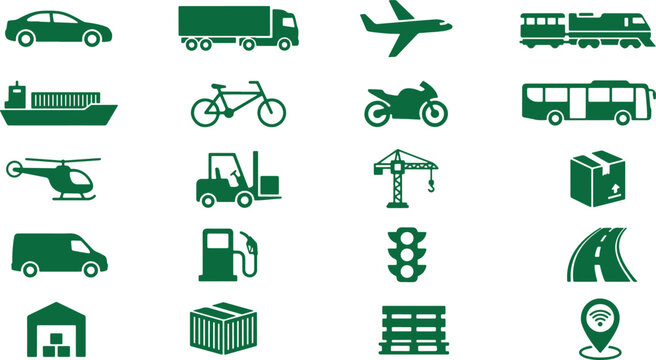 Green vehicle icons representing diverse modes of transportation for travel and logistics services.