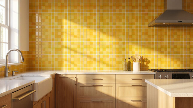 Realistic view of a kitchen backsplash covered in yellow ceramic mosaic tiles