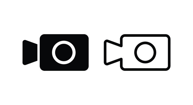 Film camera icon with play button black and white vector graphic