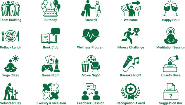 Corporate event icons green symbols for team building and employee engagement activities.