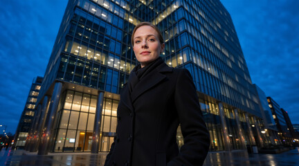 Fototapeta premium Confident businesswoman standing in front of a modern office building at dusk. Professional female leader in the city. Corporate success concept