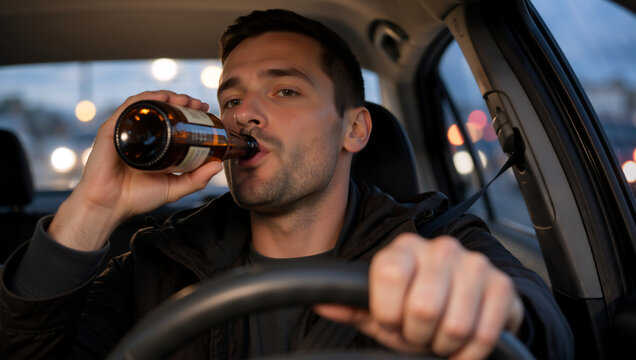 Man drinking alcohol from glass bottle while driving a car at night. Drunk driver holding steering wheel. Irresponsible and dangerous behavior concept