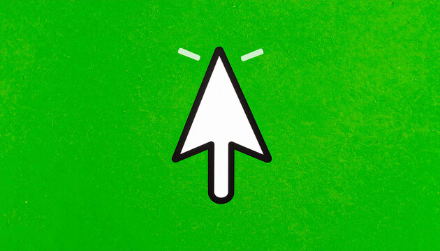 White arrow pointing upwards with black outline on a vibrant green background, click here symbol