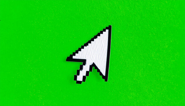 Close-up of a classic pixelated white computer mouse cursor arrow pointing to the right on a vibrant green background, symbolizing digital navigation and user interface elements.