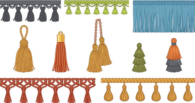 Decorative tassel and fringe borders vector illustration set featuring vintage trimmings cord tiebacks and macrame edgings for home interior