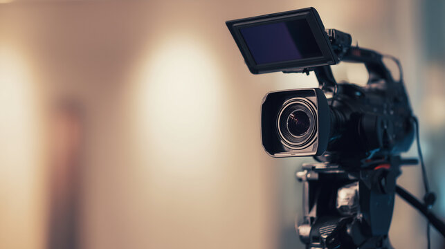 Close-up of a professional broadcast video camera with flip-out monitor in a softly lit studio, featuring generous copy space for media, production and broadcasting concepts.