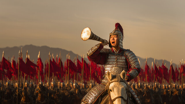 Dramatic historical fantasy scene of an armored mounted warrior sounding a battle horn before an army carrying red banners at sunset.