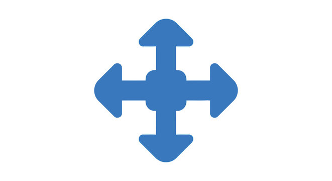 Blue directional arrows icon with a central point flat style on white background