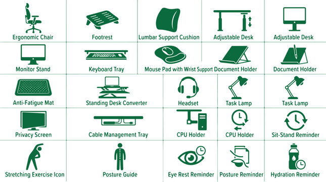 Office furniture and accessories green icons for ergonomic workspace setup for productivity and wellness.