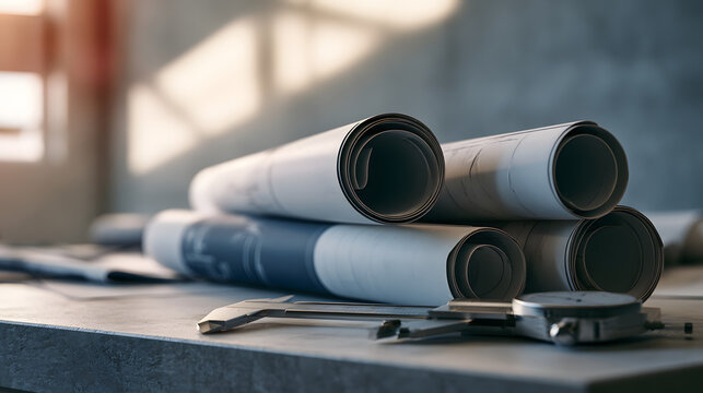 Blueprint rolls stacked on an architectural drafting table with measuring tools nearby.