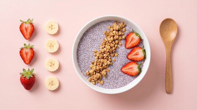 Healthy breakfast concept featuring a bowl of chia seed pudding topped with crunchy oats and sweet strawberry slices.