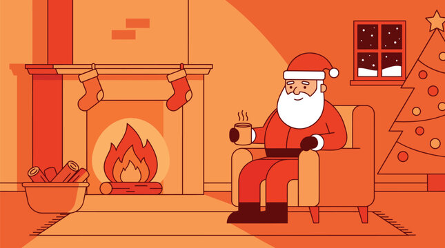 Santa Claus relaxing in armchair by the fireplace with hot drink