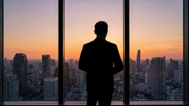 Businessman standing beside large glass window, gazing across city skyline, symbolizing clear vision, strategic thinking, long term perspective, ambitious leadership, and business successful, 4K video
