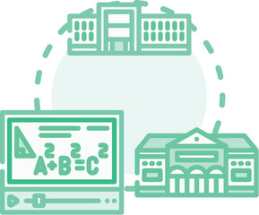 Fototapeta premium Academic institution concept illustrating university buildings, college campus learning, and students engaging in classroom education, representing knowledge, study, and educational services