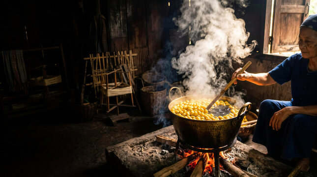 Senior Asian woman boiling silkworm cocoons in large metal pot over wood fire in traditional workshop