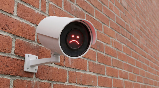 Security camera with red sad face on brick wall, surveillance concept