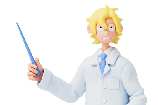 3D render of a friendly young blonde male doctor in a medical coat pointing with a stick pointer during a lecture or presentation, waist-up portrait isolated on a transparent background.