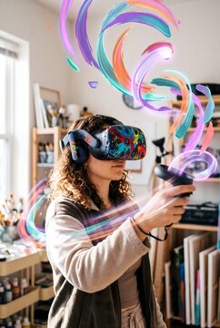 Immersive artistic expression with VR Glasses - Futuristic VR Headset, creating vibrant digital strokes in a virtual studio environment