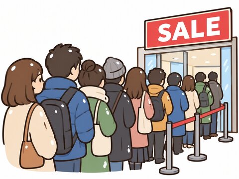 セール中の店舗前で開店や入店を待つ買い物客の行列イラスト