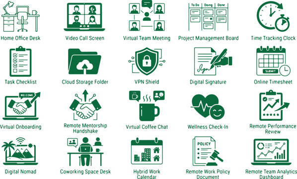 Work from home icons remote work office tools communication technology business operations.