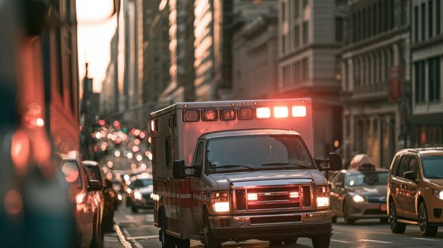 Emergency Response Vehicle Navigates Busy Urban Street at Sunset with Traffic and Cityscape in the Background