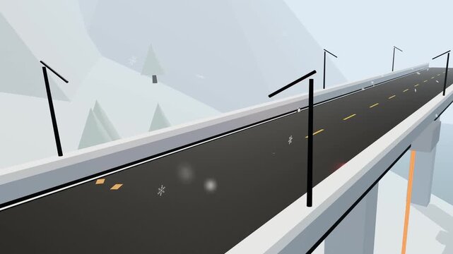 3D animation of sustainable geothermal highway system on snow covered bridge utilizing deep aquifer loop and hydronic capillary network for dynamic thermal mass regulation and salt free road safety