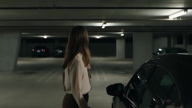 Cinematic scene of a cautious woman walking alone in a dark parking garage at night, feeling followed and looking back with a worried expression.