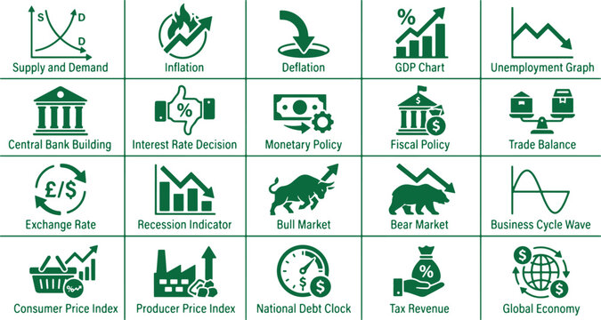 Economic icons set for financial analysis, market trends, and global economy overview on transparent background.