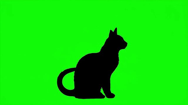 Silhouette of a cat meowing, on green screen, side view