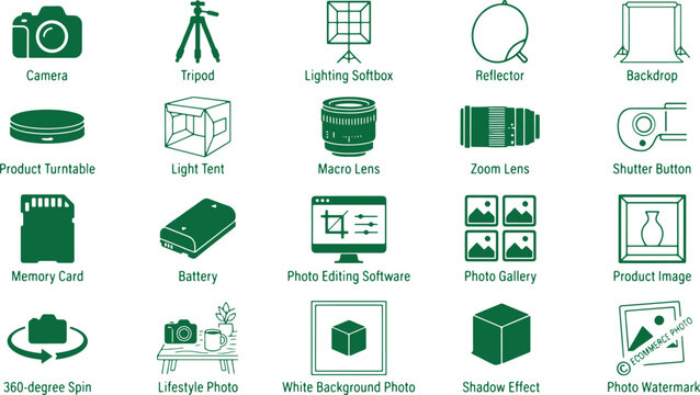 Photography equipment icons green outlined objects for digital imaging and content creation.