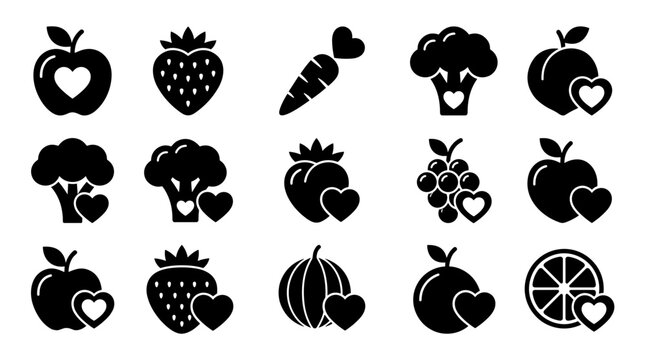 Healthy food vector icon set with fruit vegetable and heart symbols for nutrition wellness