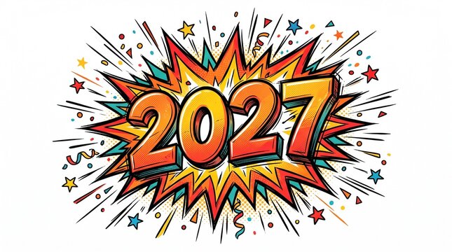 Pop art Happy New Year 2027 explosion vector illustration isolated on white background. Comic book blast, festive fireworks confetti, and new year celebration concept