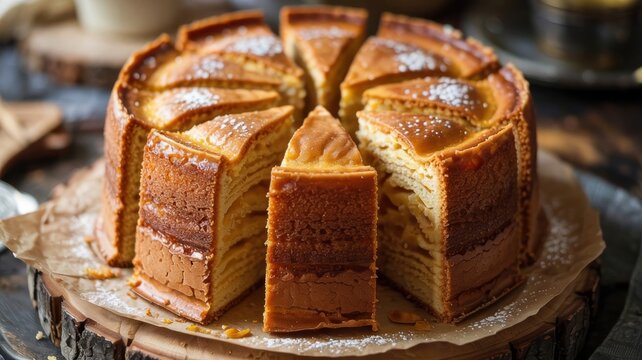 German cuisine. Baumkuchen. A traditional layered pie with a characteristic wood‑grain pattern on the cut, prepared by alternately baking thin layers of dough.