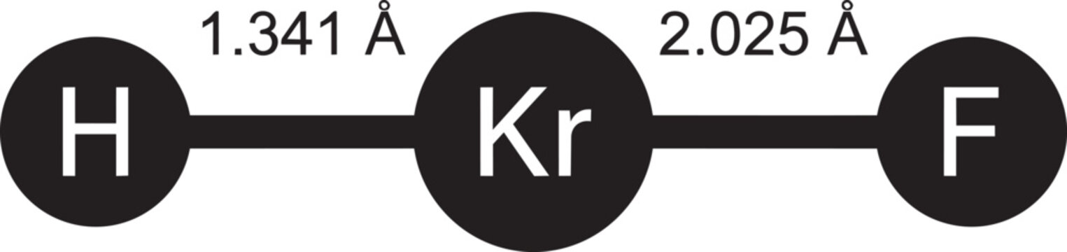 Molecular structure of krypton hydrogen fluoride showing atomic bonding distances and elemental symbols clearly.