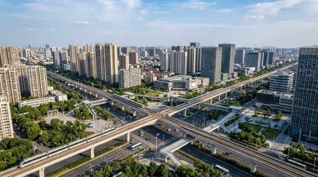 Expansive urban cityscape with elevated transportation network, showcasing modern city development and infrastructure