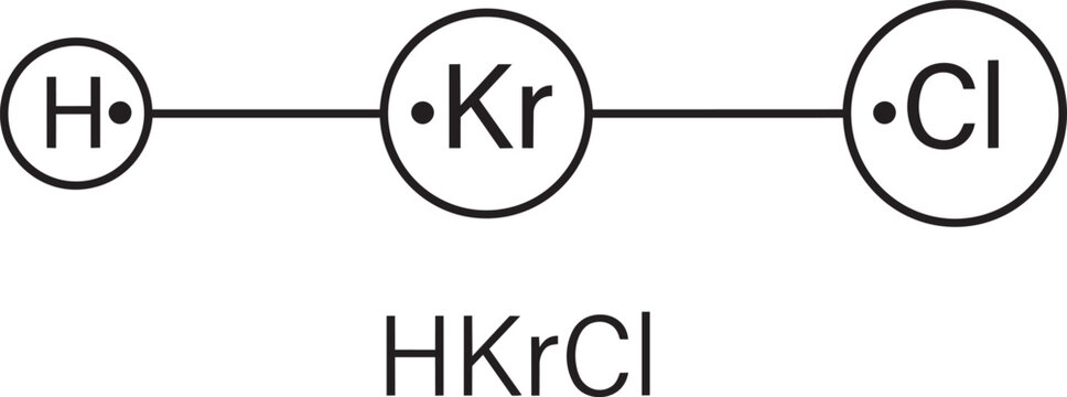 Molecular structure of Krypton chloro hydride HKrCl diagram showing hydrogen, krypton, and chlorine atoms connected linearly.
