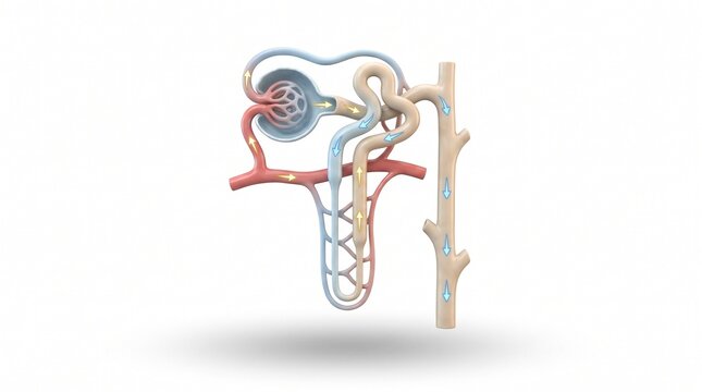 Nephron filtration process diagram 3D illustration