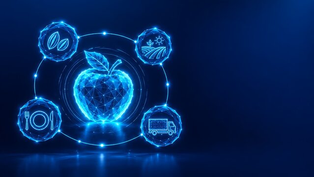 Digital apple icon surrounded by nutritional and logistical food service data icons. food day with food logistics digital diet food technology health analysis food industry. food day
