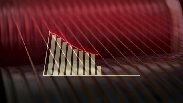 Spinning copper wire strands on a factory roller with a declining bar chart and red arrow overlay, illustrating falling industrial output and metal price drops.