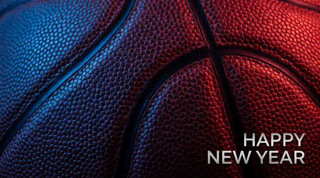 Close-up textured basketball with dramatic blue and red lighting and Happy New Year greeting. Dynamic sports background