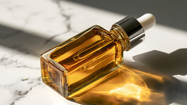 Rectangular glass bottle filled with golden cosmetic oil rests on a transparent background marble surface under strong sunlight.