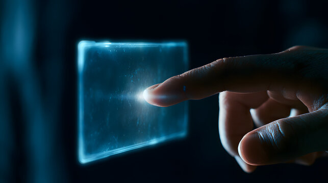 Finger interacting with a glowing digital touch screen interface in a futuristic dark environment.
