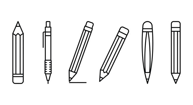 Collection of writing implements including pencils and pens in vector style